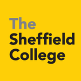 Yellow square with text that says the sheffield college.  the word the is in grey text and Sheffield college is in black text