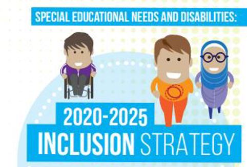 Picture showing 3 cartoon people and text saying special educational needs and disabilities, 2020-2025 Inclusion Strategy