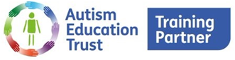 Text says Autism Education Trust Training Partner.  There si a colourful circle with a figure of a person in the middle.