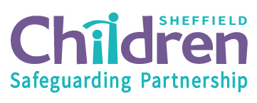 Text is in green and purple.  it says Sheffield Children Safeguarding Partnership