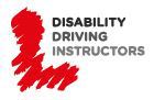 Red squiggle in the shape of a foot to the left and text that says disability driving instructors
