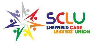 Star shape with the spikes in grey, red, orange, yellow, green, navy blue and purple.  Text to the right says SCLU Sheffield Care Leavers Union in navy blue, red, orange and green text.