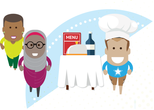 3 cartoon people and a table with a menu and bottle of wine on.  One of the people is dressed as a chef.
