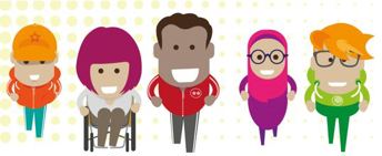 5 cartoon figures of people.  Different ethnic backgrounds.  One is in a wheel chair,  two are wearing glasses