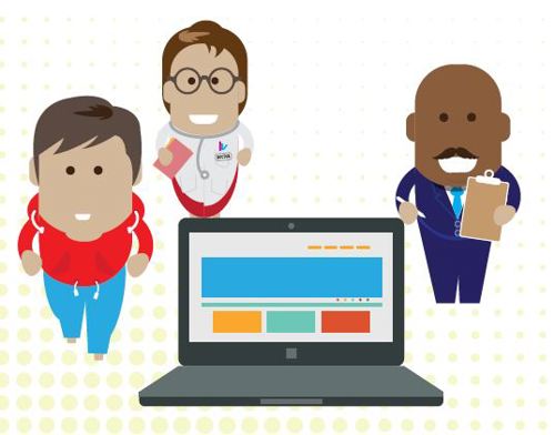 3 cartoon people.  1 is in a tracksuit, one is a doctor and the other is holding a clipboard.  There is also an image of a laptop in the centre of them.