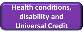 Purple rectangle with text that says health conditions, disability and universal credit