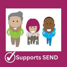 3 cartoon characters.  Text says Supports SEND with a tick