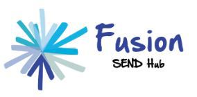 Text says Fusion SEND Hub.  Logo made up of 6 arrows where the points meet in the middle