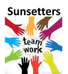 Text says Sunsetters and team work.  Team work is surrounded by 10 hands in different colours