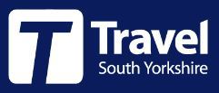 Navy blue rectangle that has a white box to the left with a blue T.  Text in white font is to the right that says Travel South Yorkshire