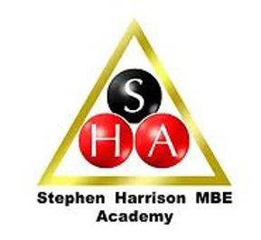 Gold triangle with 3 snooker balls, 2 are red and one is black.  They have the letters S H and A in the middle.  Text underneath says Stephen Harrison MBE academy