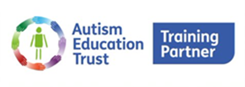 Multi coloured ring with a figure of the person in the centre.  Text says Autism Education Trust Training Partner