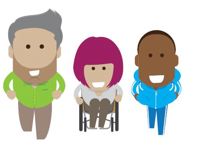 3 cartoon people.  One of them is in a wheelchair.  They represent an individual ethnicity