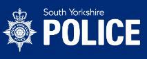 Blue rectangle with white text that says South Yorkshire police.  There is a badge emblem to the left.
