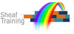 Grey text that says Sheaf training on the left. To the right of the text is an image of a brick wall with a rainbow going over it