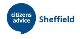 Blue speech bubble with white text that says Citizens Advice.  Blue text to the right that says Sheffield.