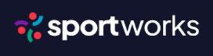 Black rectangle with white text that says sport works