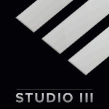Black square with 3 silver diagonal lines in the right corner.  Text says Studio 3