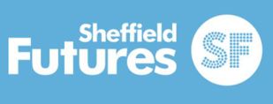 Light blue rectangle with white text that says Sheffield Futures.  There is a white circle to the right with letters SF in blue