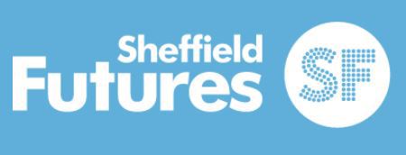 Light blue rectangle with white text that says Sheffield futures.  To the right of the text is a white circle with the letters S and F in it made up of small light blue circles