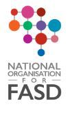 Image has 10 multi-coloured dots connected by lines.  Underneath the text says National Organisation for FASD