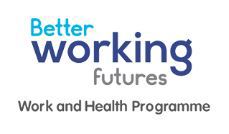 Text that says better working futures work and health programme.  The word better is in light blue text, working is in dark blue text, future is in grey text, work and health programme is in black text