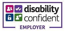 Text says disability confident employer.  There are 4 squares to the left, one is pink with 2 images of people, one is purple with 2 white ticks, one is dark blue and has a white padlock, one is green with a person and a speech bubble in white