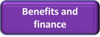 Purple rectangle with white text that says benefits and finance
