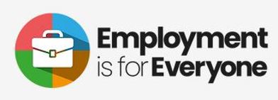 Text says Employment is for everyone.  There is a circle to the left made up of red, blue, green and yellow with a picture of a satchel in the middle.