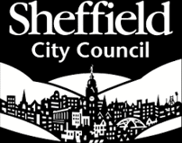 Picture in balck and white of Sheffield.  Text is in white font and says Sheffield City Council