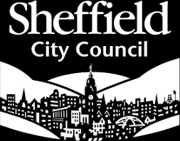 Black and white square picture of Sheffield with white text that says Sheffield City Council