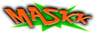 Bright green pointy splash shape with orange lettering over the top that says MASKK