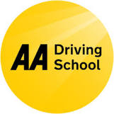 Yellow circle with text that says AA driving school