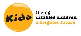 Kids logo. Yellow circle with Kids written in the centre.  Giving disabled children a brighter future